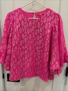 Lilly Pulitzer Hot Pink Metallic-Print Ruffle Bell Sleeve Blouse